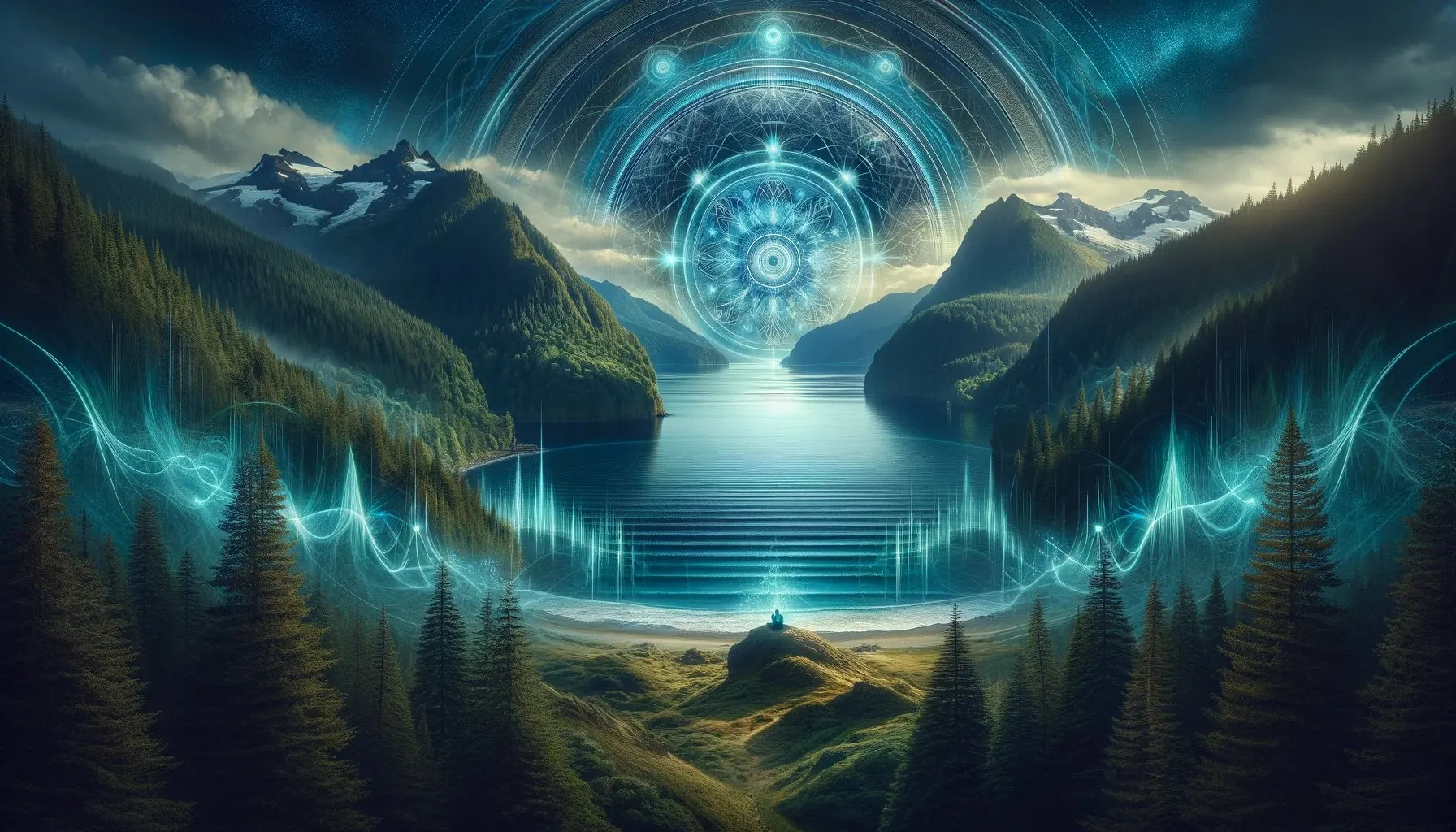 A Pacific Northwest fjord rendered with luminous frequency waveforms and sacred geometry